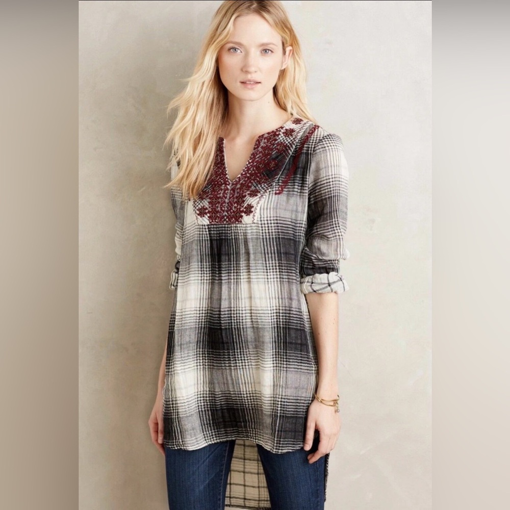 Anthropologie Floreat Black White Plaid Embroidered Beaded Tunic Top Small